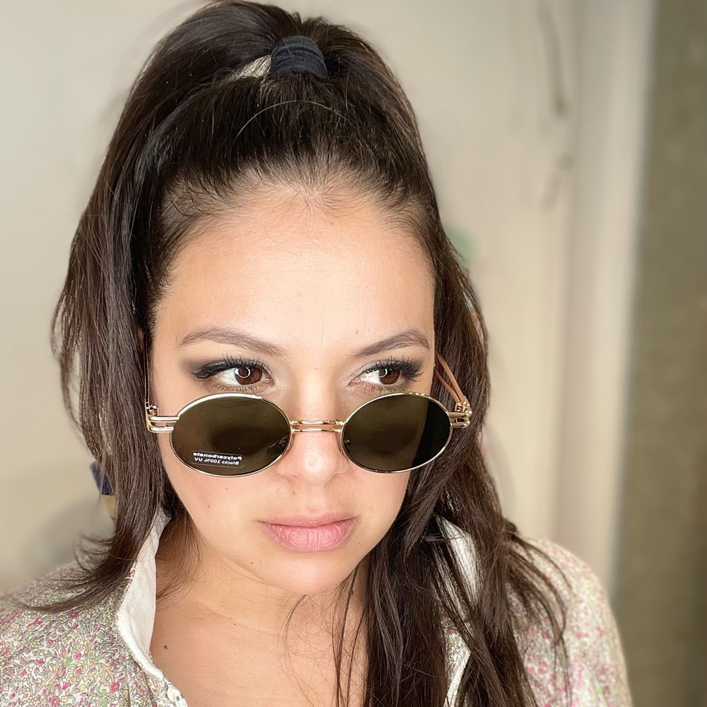 Green lenses gold round frame double bridge nose sunglasses